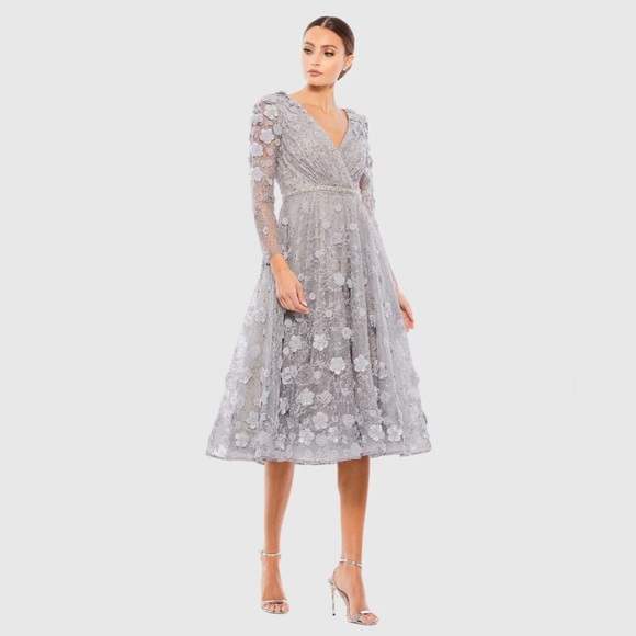 Mac Duggal Silver Lace Midi Dress - Picture 1 of 8